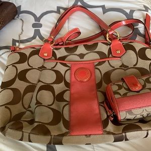 Orange, tan and brown Coach bag with wallet